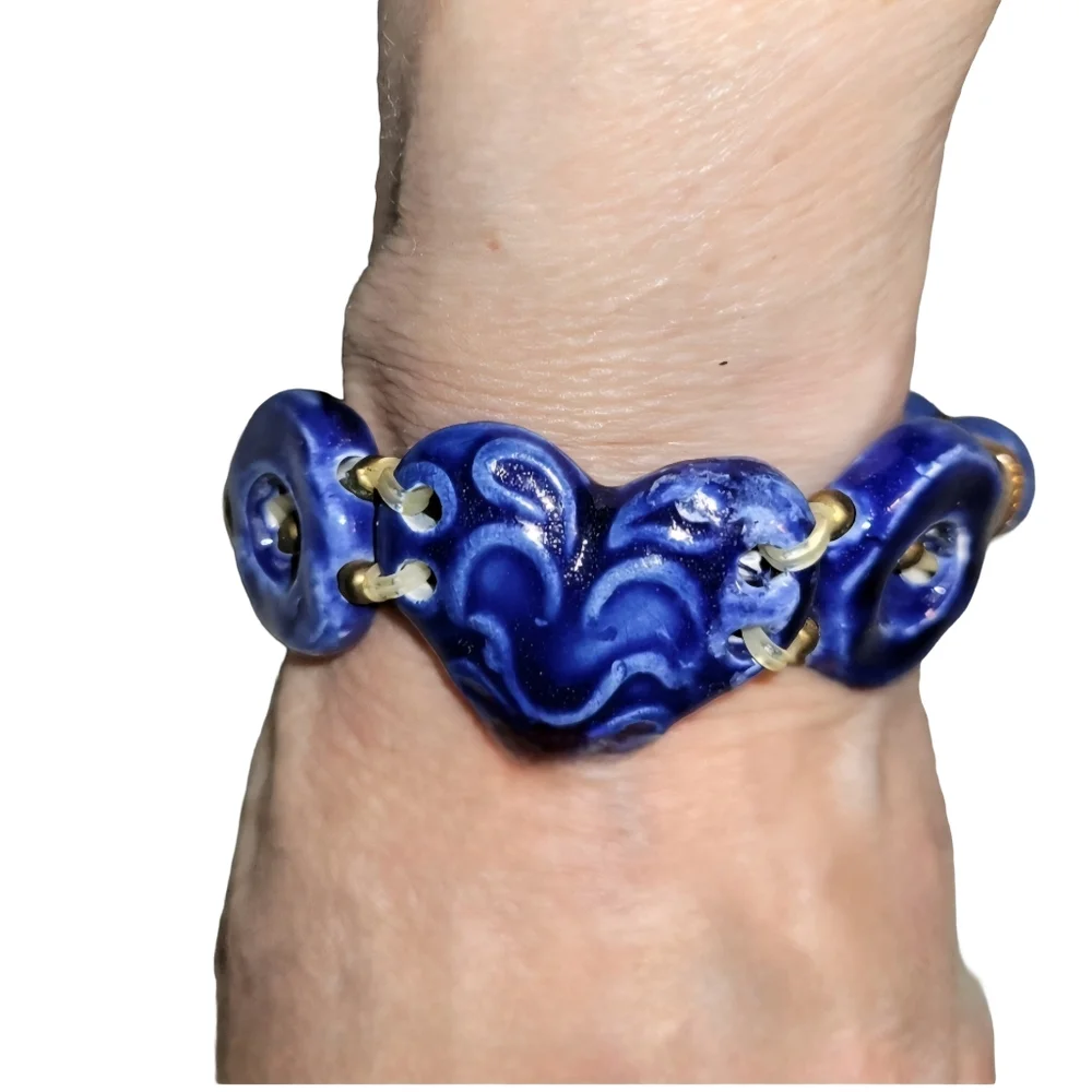 Hand Crafted Blue Ceramic And Gold Bead Heart Bracelet For Small Hands/Wrists